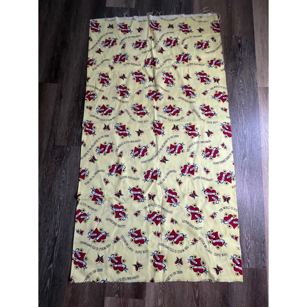 Tattoo Print Fabric Remnant OS Yellow‎ Heart Butterfly Text 60x55